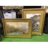 TWO GILT FRAMED WATERCOLOURS - ONE OF A MOUNTAINOUS RIVER SCCENE 86CM X 60CM, THE OTHER A ROCKY