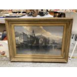 A LARGE GILT FRAMED OIL ON CANVAS OF A HARBOUR SCENE, SIGNED POSSIBLY A GROSS 102CM X 76CM
