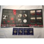 A WAR POPPY COLLECTION BY JACQUELINE HURLEY (ONE COIN MISSING) AND FOUR WWII HISTORY COLLECTION
