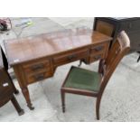 A LATE VICTORIAN SATINWOOD DRESSING TABLE/DESK ON TURNED LEGS, 48" WIDE AND A CHAIR ON TAPERED LEGS