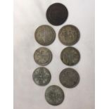 A COLLECTION OF FLORINS AND HALF CROWNS DATING 1920 TO 1935 ALSO TO INCLUDE A ONE PENNY TOKEN