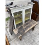 A VICTORIAN PAINTED TWO DOOR BOOKCASE TOP, 35" WIDE AND A SMALL BENCH, 36X12"