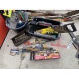 AN ASSORTMENT OF TOOLS TO INCLUDE CLAMPS, A SAW AND SPANNERS ETC