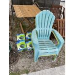 TWO PLASTIC STACKING GARDEN CHAIRS AND A SMALL TEAK GARDEN TABLE