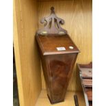 A VINTAGE MAHOGANY WALL MOUNTED CANDLE BOX