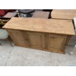 A VICTORIAN PINE THREE DOOR KITCHEN DRESSER, 63X19", 31" HIGH, WITH BRASS DOOR FITTINGS