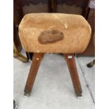 A VINTAGE POMMEL HORSE ON FOUR ADJUSTABLE LEGS, 24X28" WITH SUEDE TOP