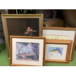 THREE FRAMED PRINTS AND A STILL LIFE OF FRUIT OIL ON BOARD
