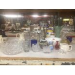 A QUANTITY OF MAINLY GLASSWARE TO INCLUDE VASES, BOWLS, JUGS, ETC PLUS CERAMICS TO INCLUDE WEDGWOOD
