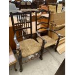 A LANCASHIRE SPINDLE BACK ELBOW CHAIR WITH RUSH SEAT AND SIMILAR LADDER BACK CHAIR (A/F)