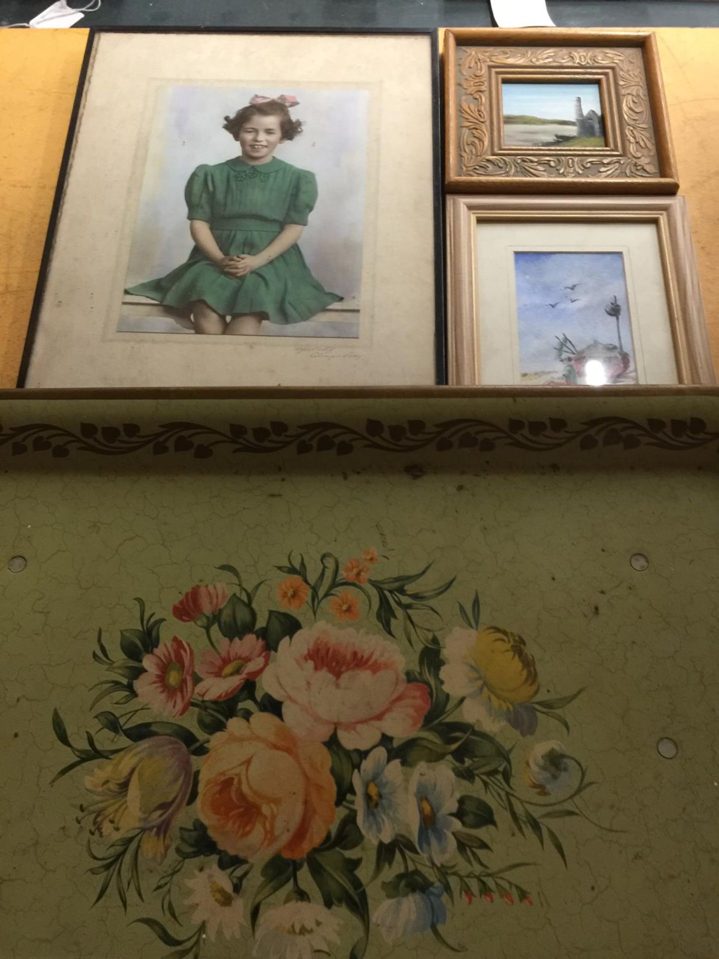 A VINTAGE TRAY WITH FOLD AWAY LEGS, THREE FRAMED PRINTS AND A FRAMED PHOGRAPH OF A GIRL - Image 2 of 3