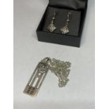 A MACINTOSH SILVER PENDANT ON A CHAIN AND A PAIR OF EARRINGS IN A PRESENTATION BOX