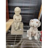 A CAST STONE CHERUB FIGURE, A PAIR OF PLANT POTS AND A CAST STONE DOG FIGURE