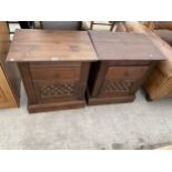 A PAIR OF MODERN PINE BEDSIDE LOCKERS WITH SINGLE DRAWER AND LATTICE DOOR