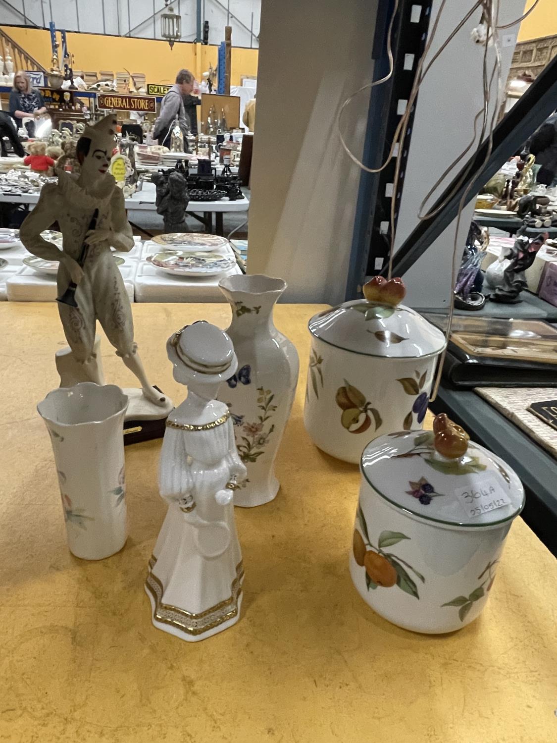 A ROYAL WORCESTER 'EVESHAM VALE' BISCUIT BARREL AND STORAGE JAR, SPODE 'PAULINE' FIGURINE HEIGHT