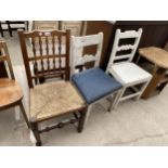 A LANCASHIRE SPINDLE BACK DINING CHAIR AND PAIR OF PAINTED COUNTRY CHAIRS