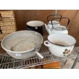 AN ASSORTMENT OF ITEMS TO INCLUDE A LARGE STAINLESS STEEL BOWL, TWO ENAMEL KETTLES AND TWO PANS