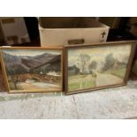A WATERCOLOUR OF A COUNTRY VILLAGE SIGNED 42CM X 29CM AND A PAINTING OF A BRIDGE AND MOUNTAINS