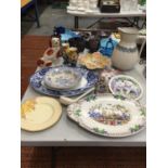 A QUANTITY OF VINTAGE PLATES, BOWLS, VASES, ETC TO INCLUDE SERVING PLATTERS, A STAFFORDSHIRE STYLE