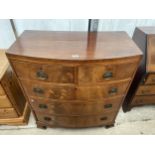 A 19TH CENTURY MAHOGANY BOWFRONTED CHEST OF TWO SHORT AND THREE GRADUATED DRAWERS. N.B. FOR EASE