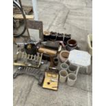 A LARGE ASSORTMENT OF ITEMS TO INCLUDE COPPER POSSERS, BRASS FIRE ITEMS AND A STOOL ETC