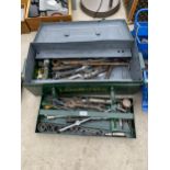 A GREEN METAL TOOL BOX WITH AN ASSORTMENT OF TOOLS TO INCLUDE SOCKETS AND SPANNERS ETC