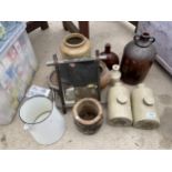 AN ASSORTMENT OF ITEMS TO INCLUDE A STONE WARE JAR, A GLASS DEMI JOHN AND TWO STONE WARE HOT WATER