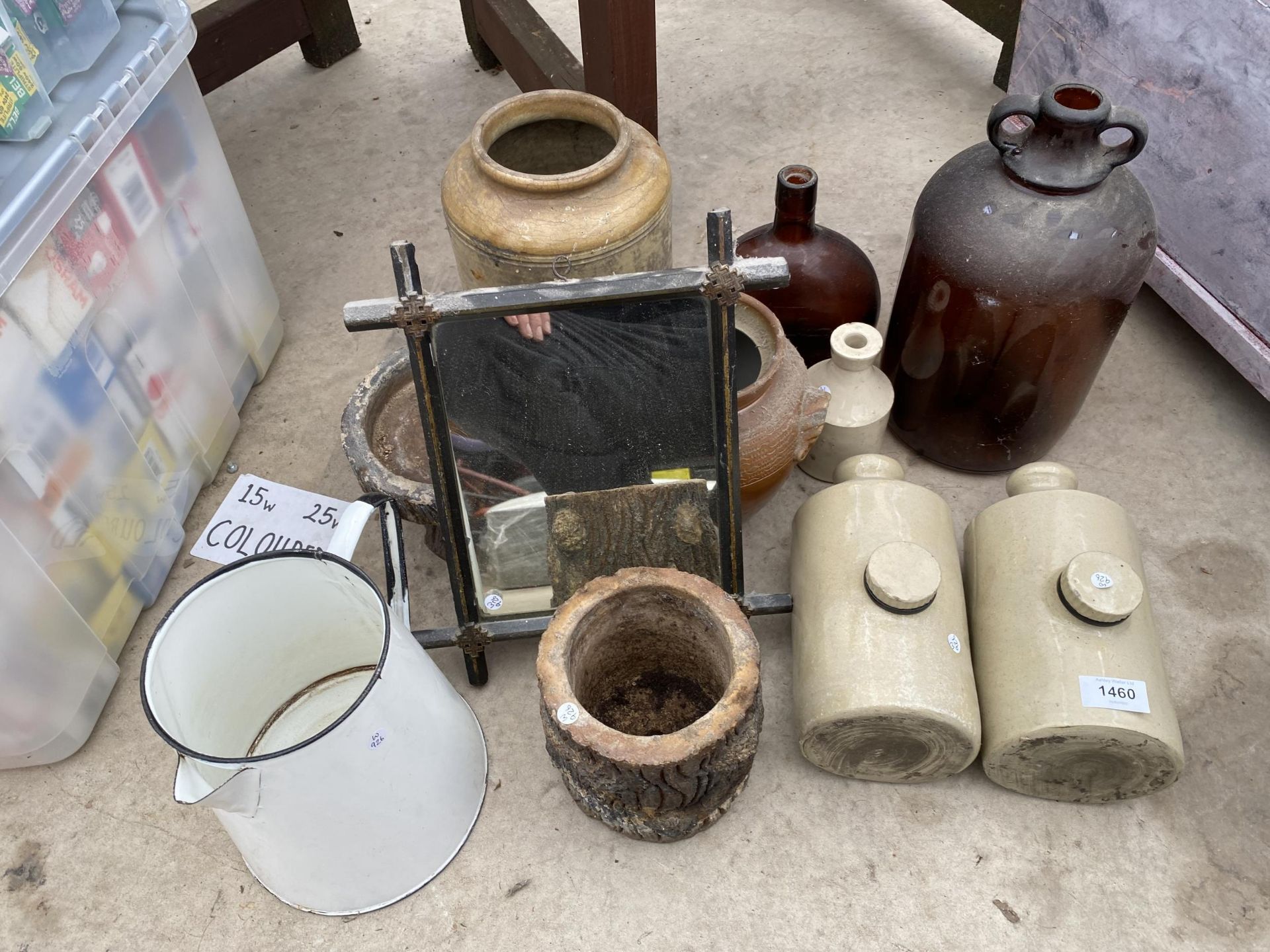 AN ASSORTMENT OF ITEMS TO INCLUDE A STONE WARE JAR, A GLASS DEMI JOHN AND TWO STONE WARE HOT WATER