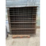 A VINTAGE INDUSTRIAL HEAVY GAUGE FACTORY/WORKSHOP DOUBLE SIDED PIGEON HOLE STORAGE 76 INCH WIDE,