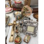 A QUANTITY OF COLLECTABLE ITEMS INCLUDING SUGAR SIFTERS, TINS, WINE BOX, CANDLESTICK, PHOTO FRAME,