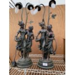 A PAIR OF ART DECO STYLE RESIN LAMPS WITH FIGURES OF LADIES