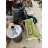 AN ASSORTMENT OF GARDEN ITEMS TO INCLUDE A COMPOST BIN, AN INCINERATOR AND A TROLLEY ETC