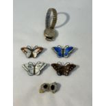 FOUR STERLING SILVER AND ENAMEL BUTTERFLY BROOCHES, A NORMANA WATCH AND A PAIR OF EARRINGS