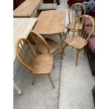 AN ERCOL 48" DIAMETER DROP-LEAF DINING TABLE AND FOUR CHAIRS