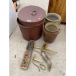 AN ASSORTMENT OF ITEMS TO INCLUDE A SMALL METAL STORAGE TRUNK AND TWO STONE WARE PLANT POTS ETC