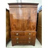 A 19TH CENTURY MAHOGANY AND INLAID PRESS WITH TWO SHAM DRAWERS AND TWO LONG DRAWERS TO THE BASE (