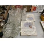 A QUANTITY OF GLASSWARE TO INCLUDE DECANTERS, VASES, WEDGWOOD CRYSTAL CHEESE PLATTER AND BUTTER