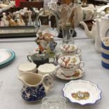 A QUANTITY OF ITEMS TO INCLUDE CHINA CUPS AND SAUCERS WITH A PEACOCK DESIGN, YARDLEY ENGLISH