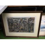 A LARGE FRAMED PRINT OF A STREET SCENE 82CM X 61CM