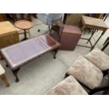 A MODERN COFFEE TABLE WITH INSET LEATHER TOP, ON CABRIOLE LEGS, MODERN THREE TIER CORNER WHATNOT,