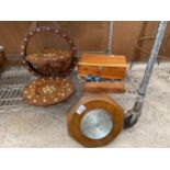 AN ASSORTMENT OF TREEN ITEMS TO INCLUDE A CAKE STAND, A JEWELLERY BOX AND A BAROMETER ETC