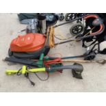AN ASSORTMENT OF GARDEN TOOLS TO INCLUDE AN ELECTRIC FLYMO, AN ELECTRIC GARDENLINE LEAF BLOWER AND A