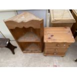 A MODERN OPEN CORNER CUPBOARD AND SMALL THREE DRAWER BEDSIDE CHEST