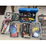 AN ASSORTMENT OF TOOLS AND HARDWARE TO INCLUDE LATCHES, A BRACE DRILL AND SCREW DRIVERS ETC