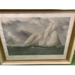 A VERY LARGE GILT FRAMED PRINT OF THE SCHOONER YACHT 'HAZE' IN NEW YORK HARBOUR FROM THE PAINTING BY