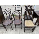 THREE BENTWOOD CHAIRS STAMPED 'FISCHED', PAIR OF OAK DINING CHAIRS AND A RUSH SEATED CHAIR