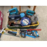 AN ASSORTMENT OF TOOLS TO INCLUDE JIGSAWS, EXTENSION LEADS AND HAMMERS ETC