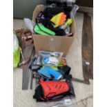 A LARGE ASSORTMENT OF SPORTS EQUIPMENT TO INCLUDE GOAL KEEPER GLOVES, SHIN PADS AND CLOTHING ETC