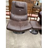 A BROWN LEATHER SWIVEL EASY CHAIR AND STOOL BOTH ON CHROME BASES
