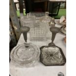 A QUANTITY OF GLASSWARE INCLUDING LIDDED BOWLS, DISHES, CANDLESTICKS, SUGAR SIFTER, ETC